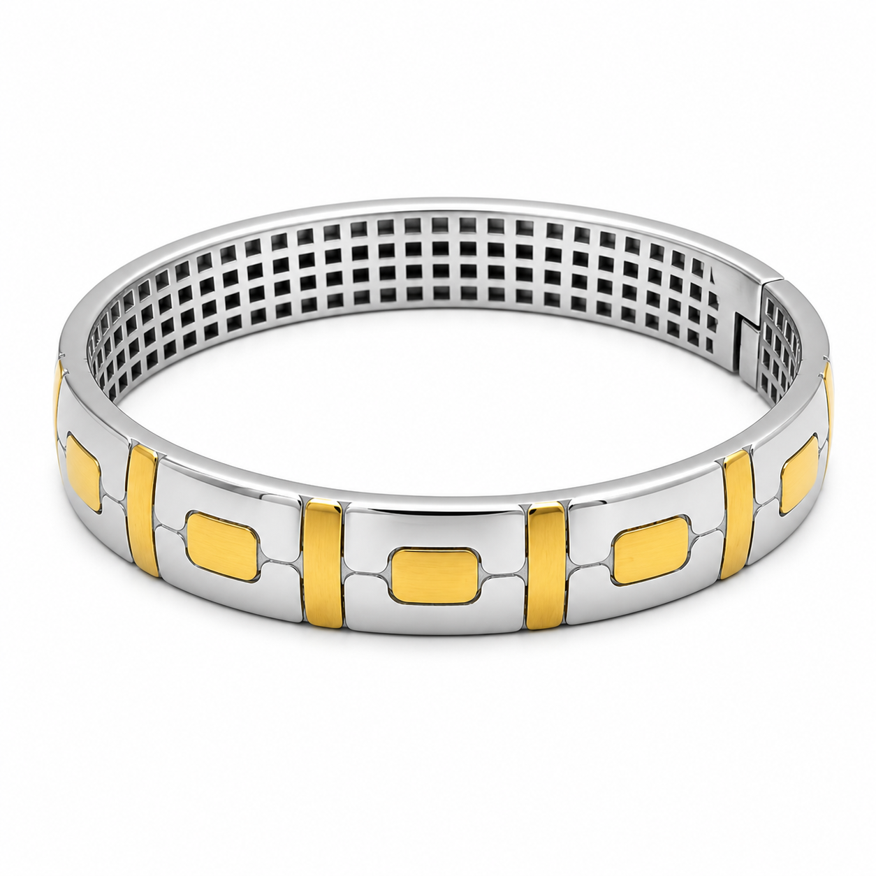 Trendy men’s silver kada featuring a smart dual-tone inspired pattern.