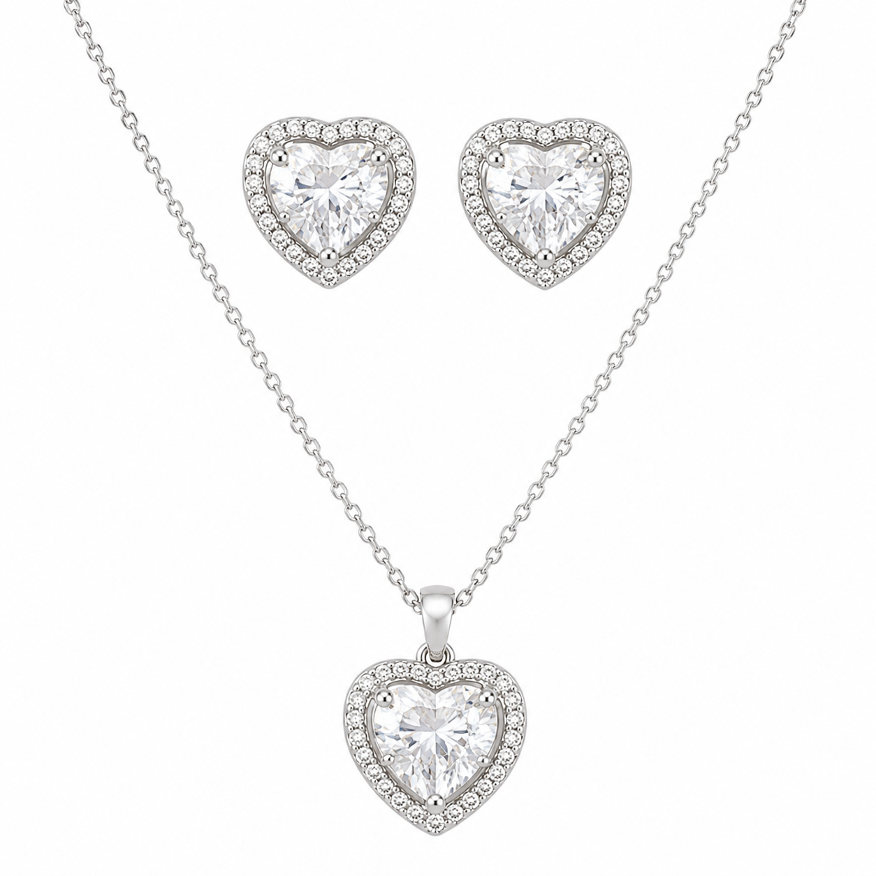 Sparkling Crystal Heart 925 Silver Chain Pendant Set