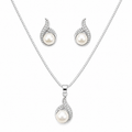 Classic White Pearl & CZ Diamond Silver Pendant Set