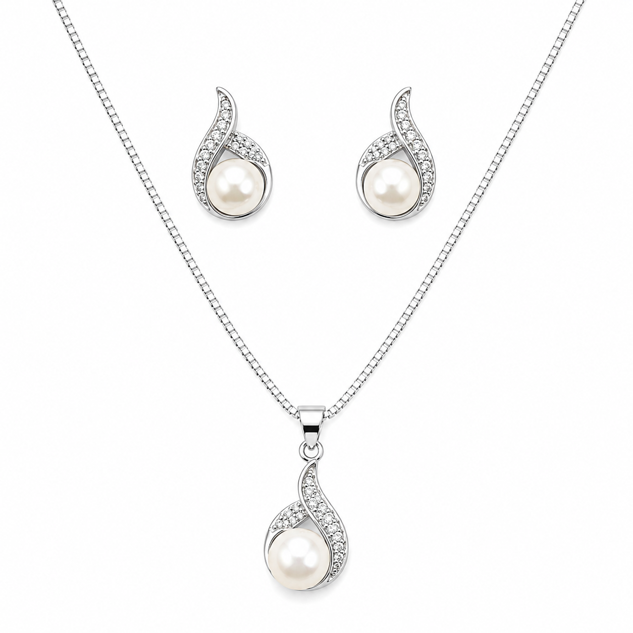 Classic White Pearl & CZ Diamond Silver Pendant Set