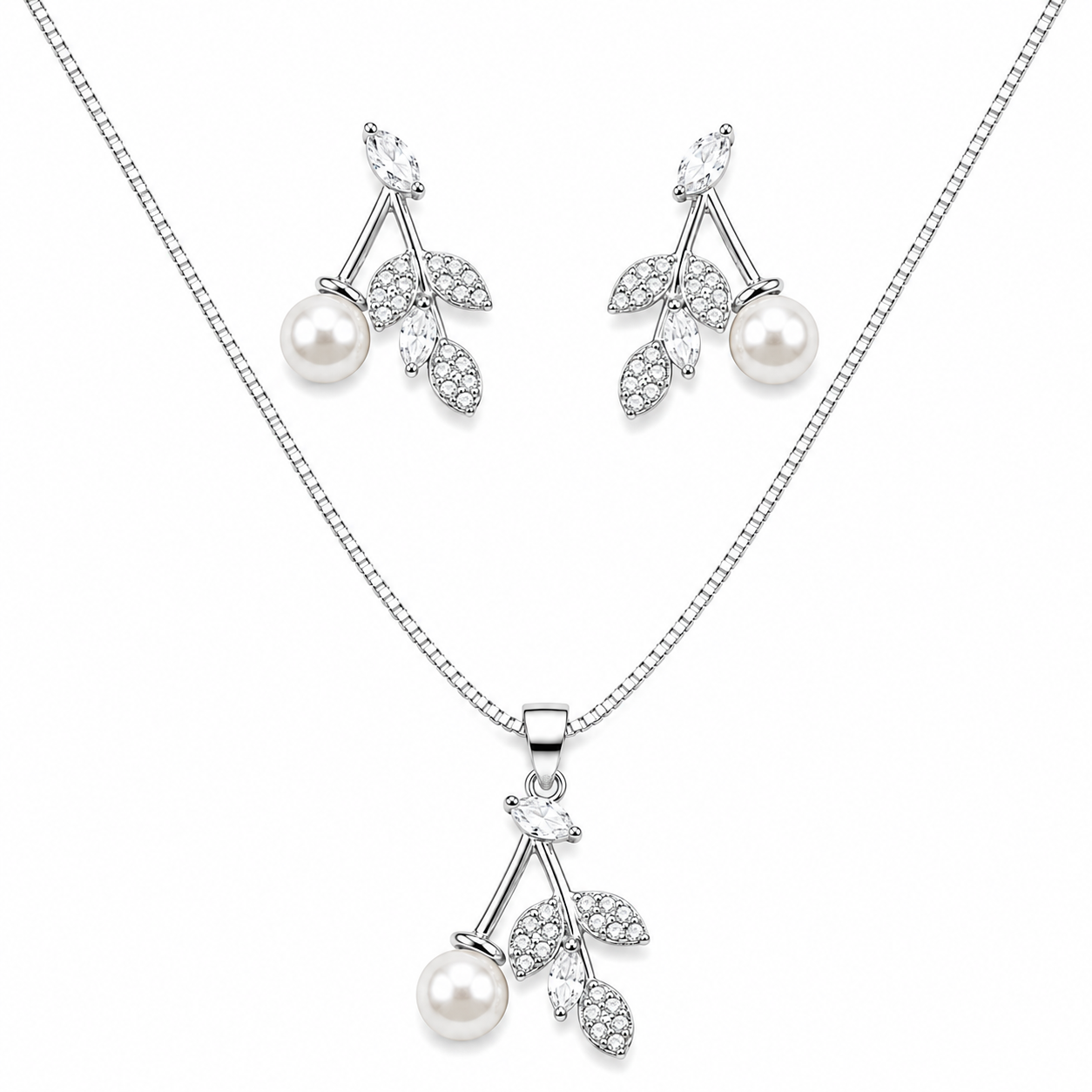Elegant Pearl & Diamond 925 Silver Pendant Set
