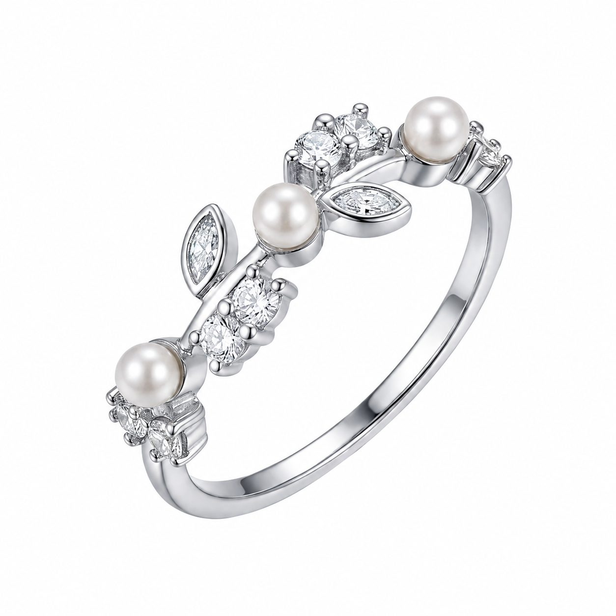 Classic Pearl & Diamond Sterling Silver Ring