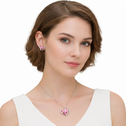 925 Silver Chain with Pink Butterfly Pendant Set