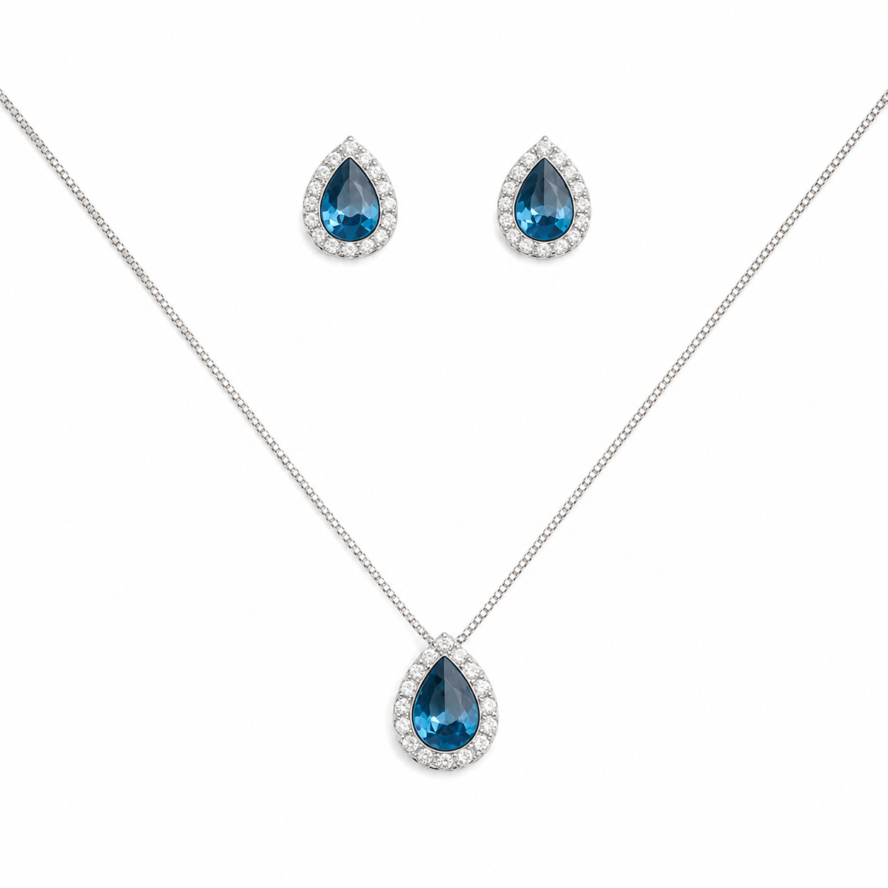 Silver Azurea Blue Drop Pendant Set