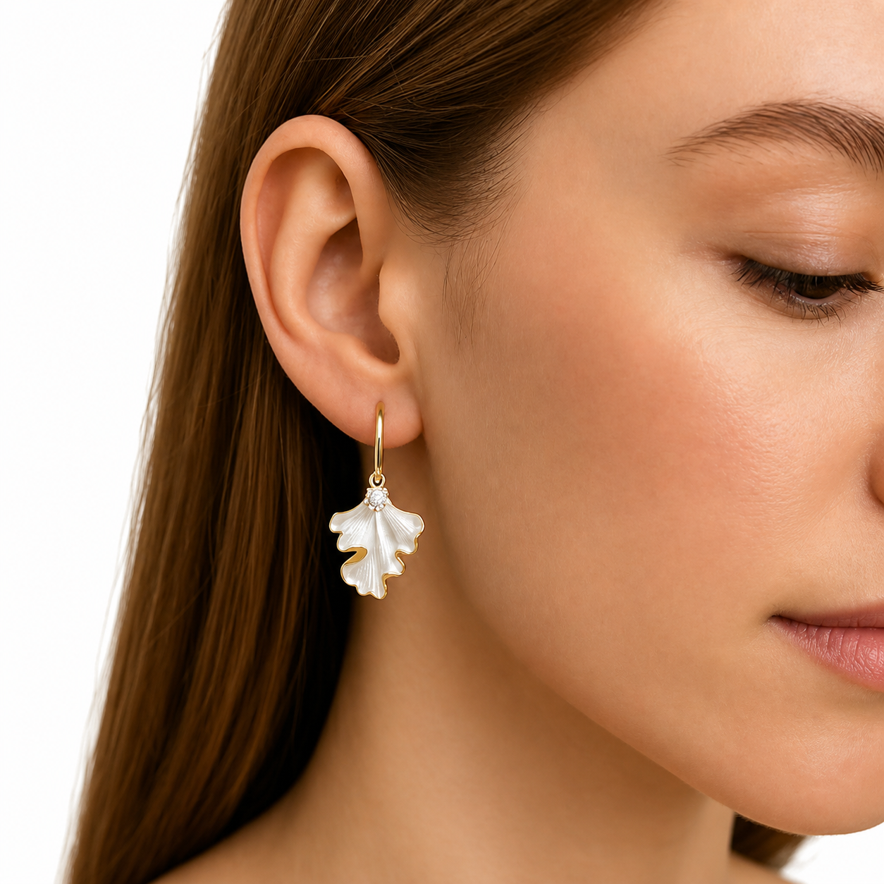 SIGOR 925 Silver White Leaf Drop Hoop Earring