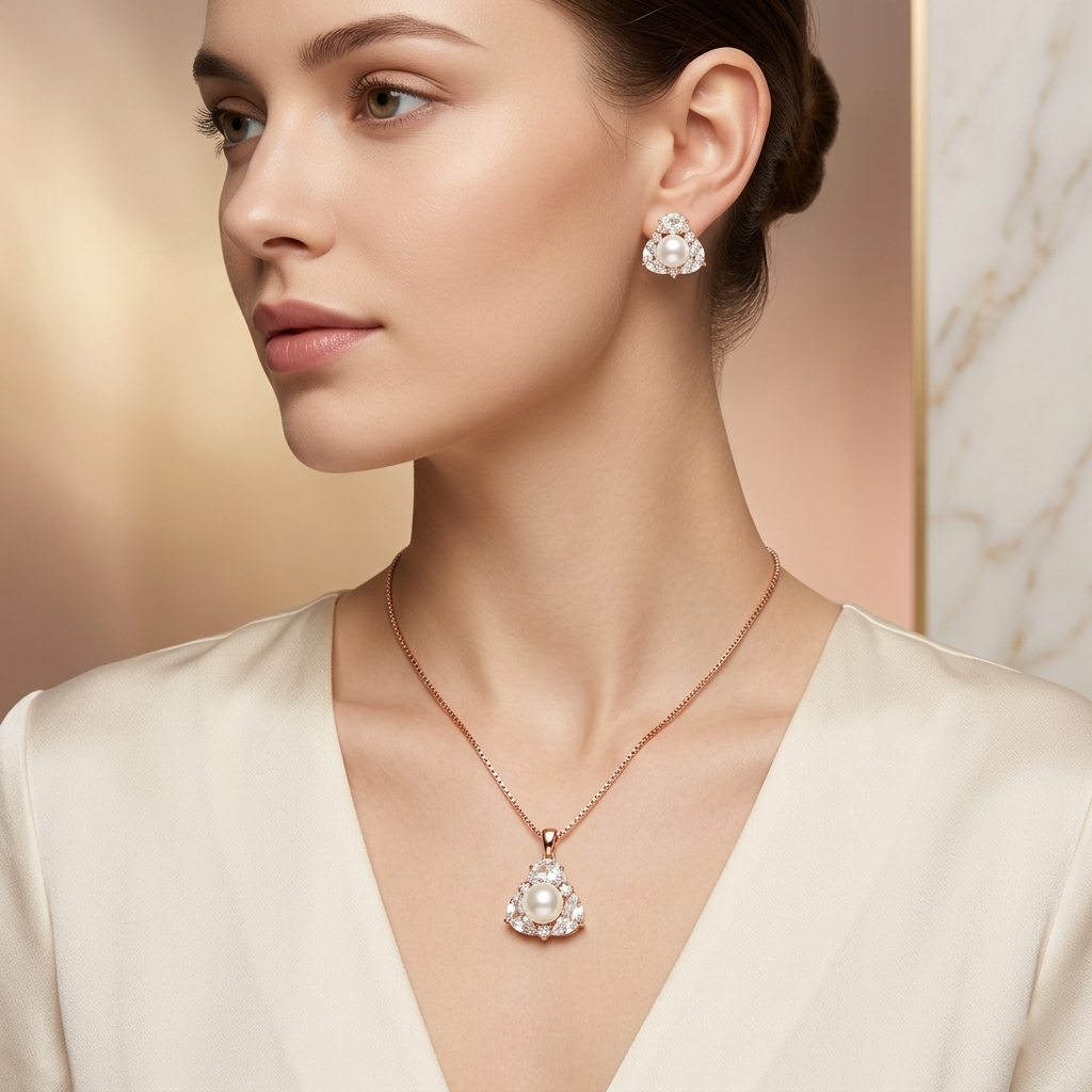 Minimal Rose Beam 925 Silver Pendant Set
