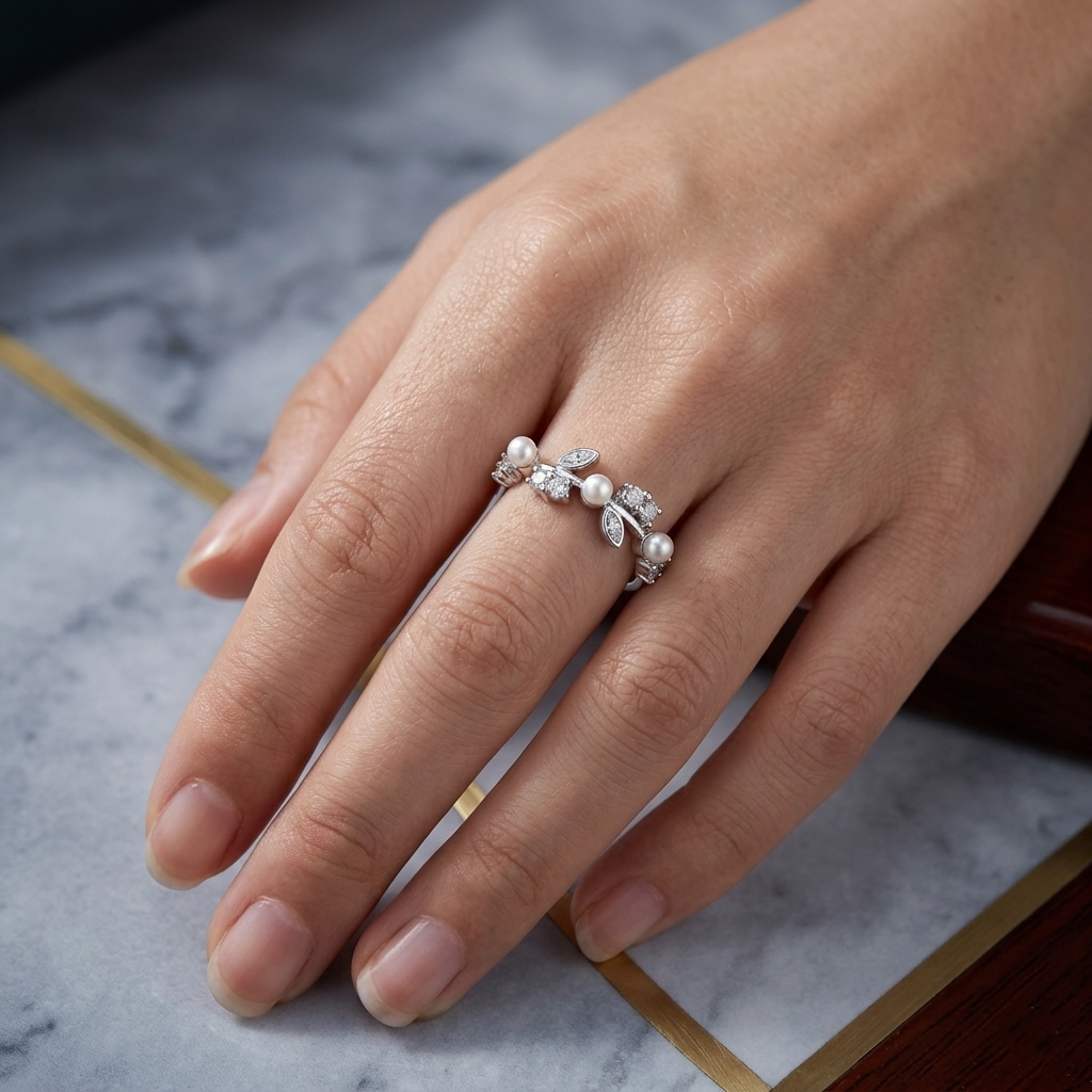Classic Pearl & Diamond Sterling Silver Ring