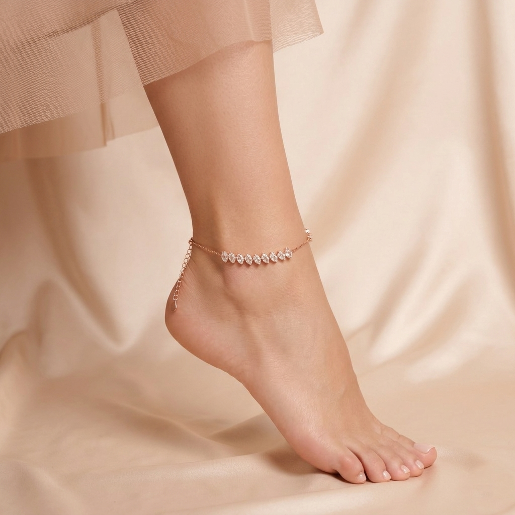 Luxury Rose Finish Diamond Link Anklet Set Of 2 Pc