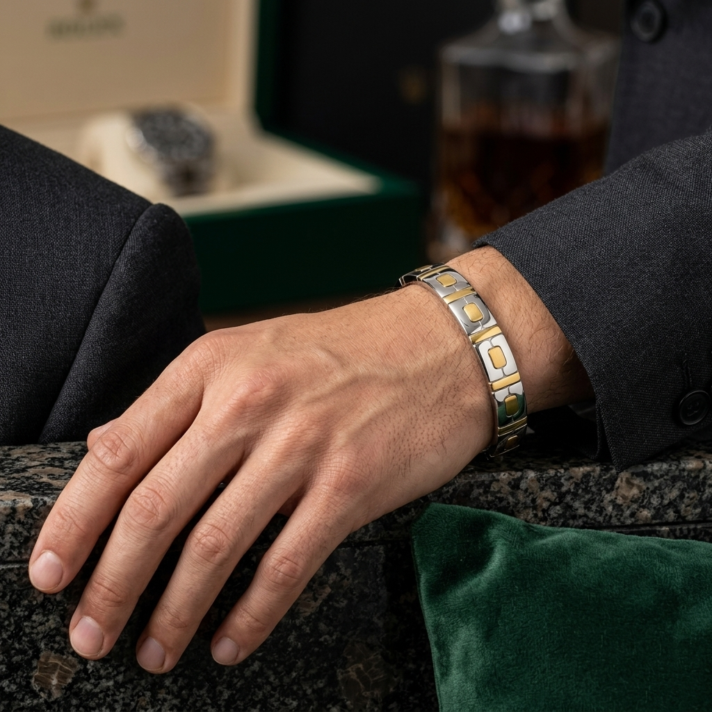 Trendy men’s silver kada featuring a smart dual-tone inspired pattern.