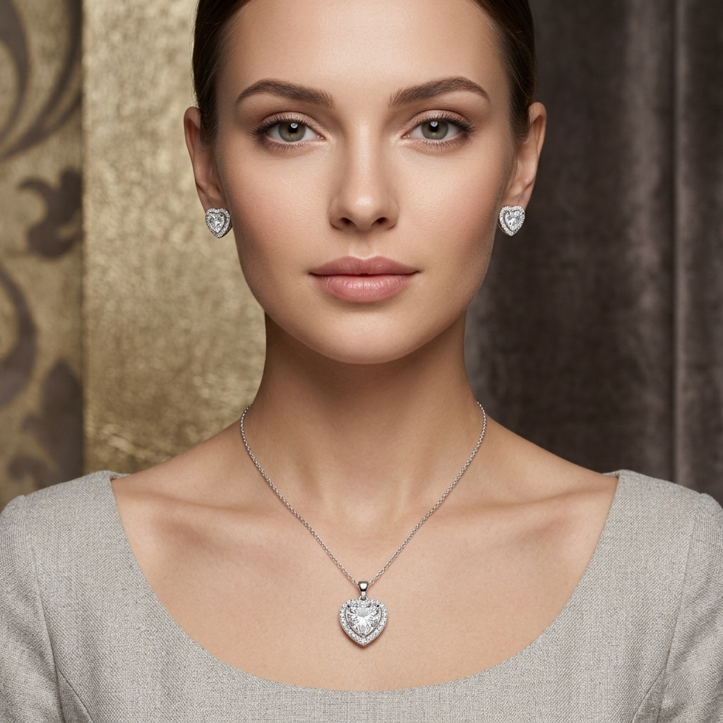 Sparkling Crystal Heart 925 Silver Chain Pendant Set