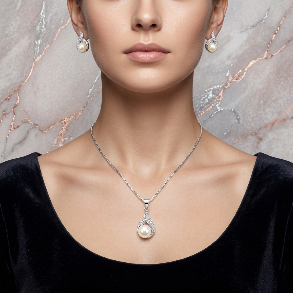 Classic White Pearl & CZ Diamond Silver Pendant Set