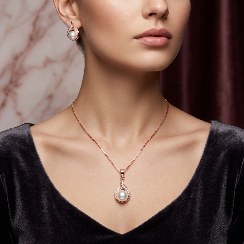 Luxury Rose Gold Tone Pearl Pendant Set