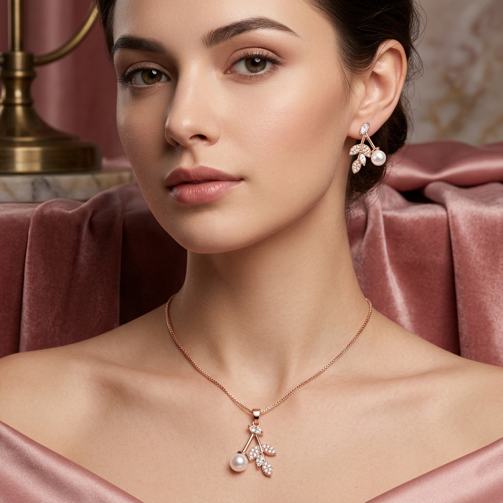 Elegant Rose Pearl 925 Silver Pendant Set