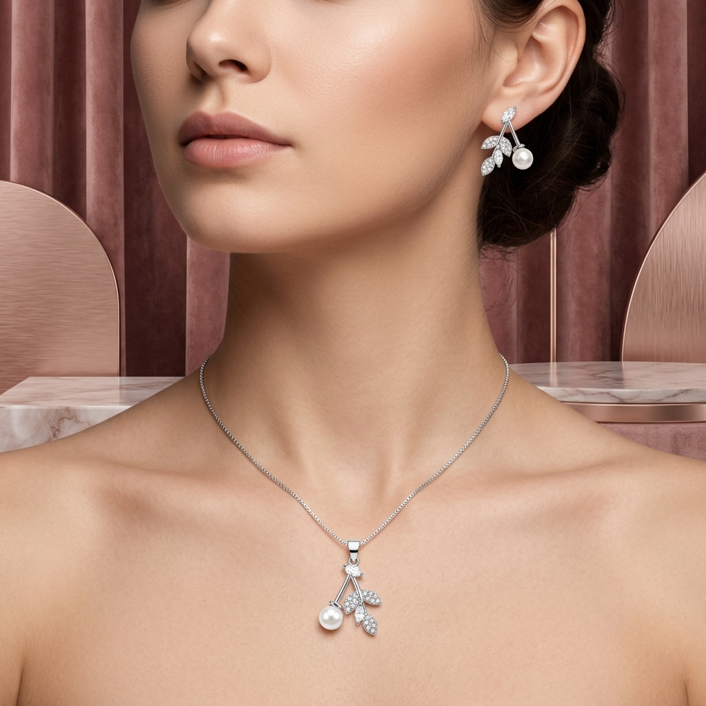 Elegant Pearl & Diamond 925 Silver Pendant Set