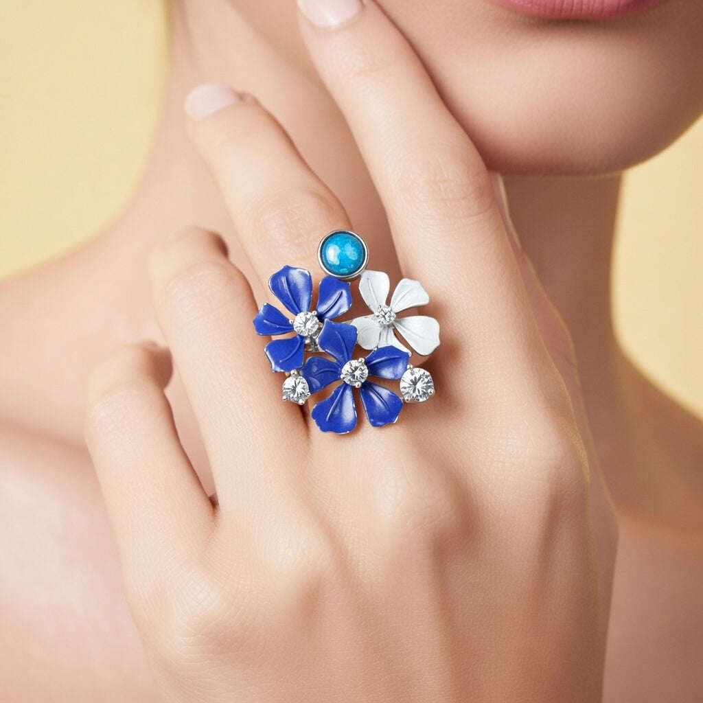 Elegant Blue Flower 925 Silver Ring