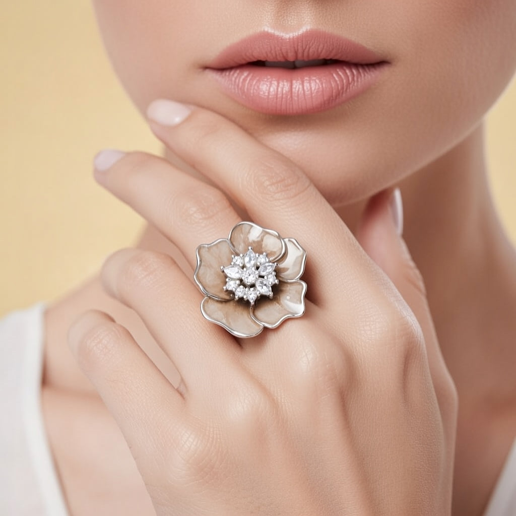 Champagne Flower Designer 925 Silver Ring