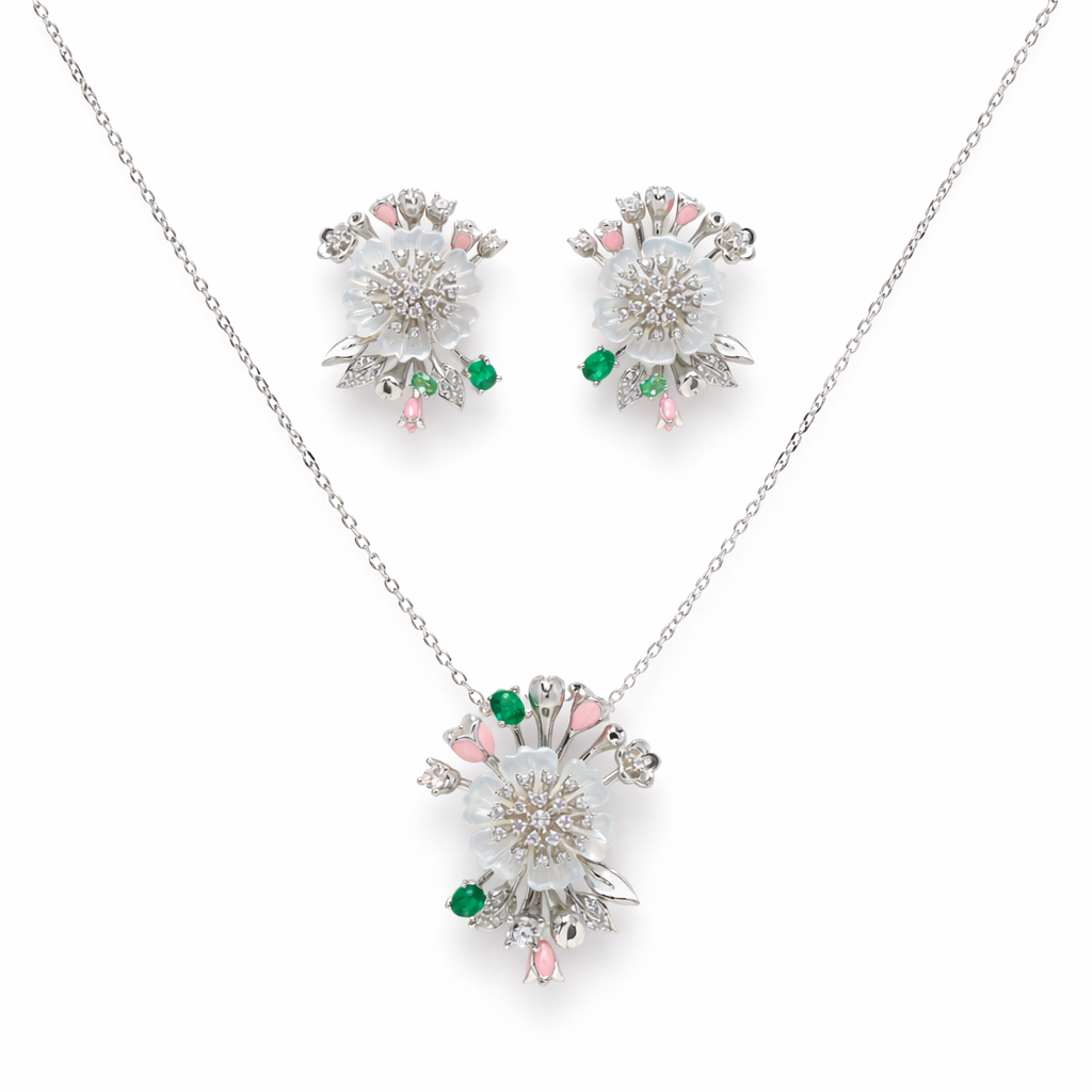 Luxury Floral Glow Silver Pendant Set
