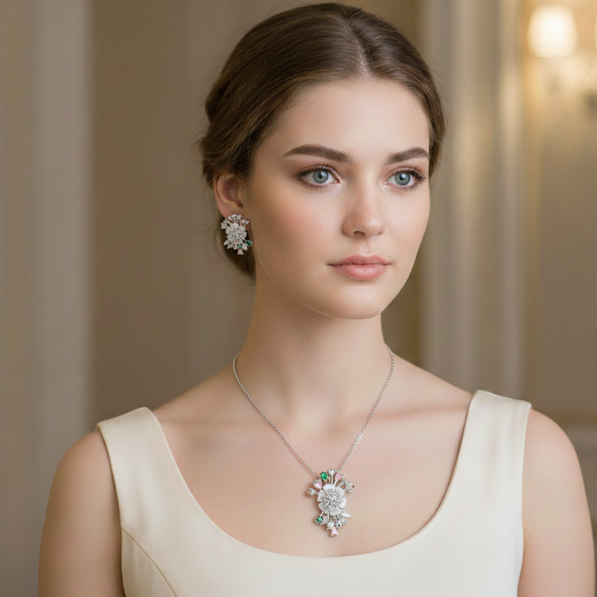 Luxury Floral Glow Silver Pendant Set