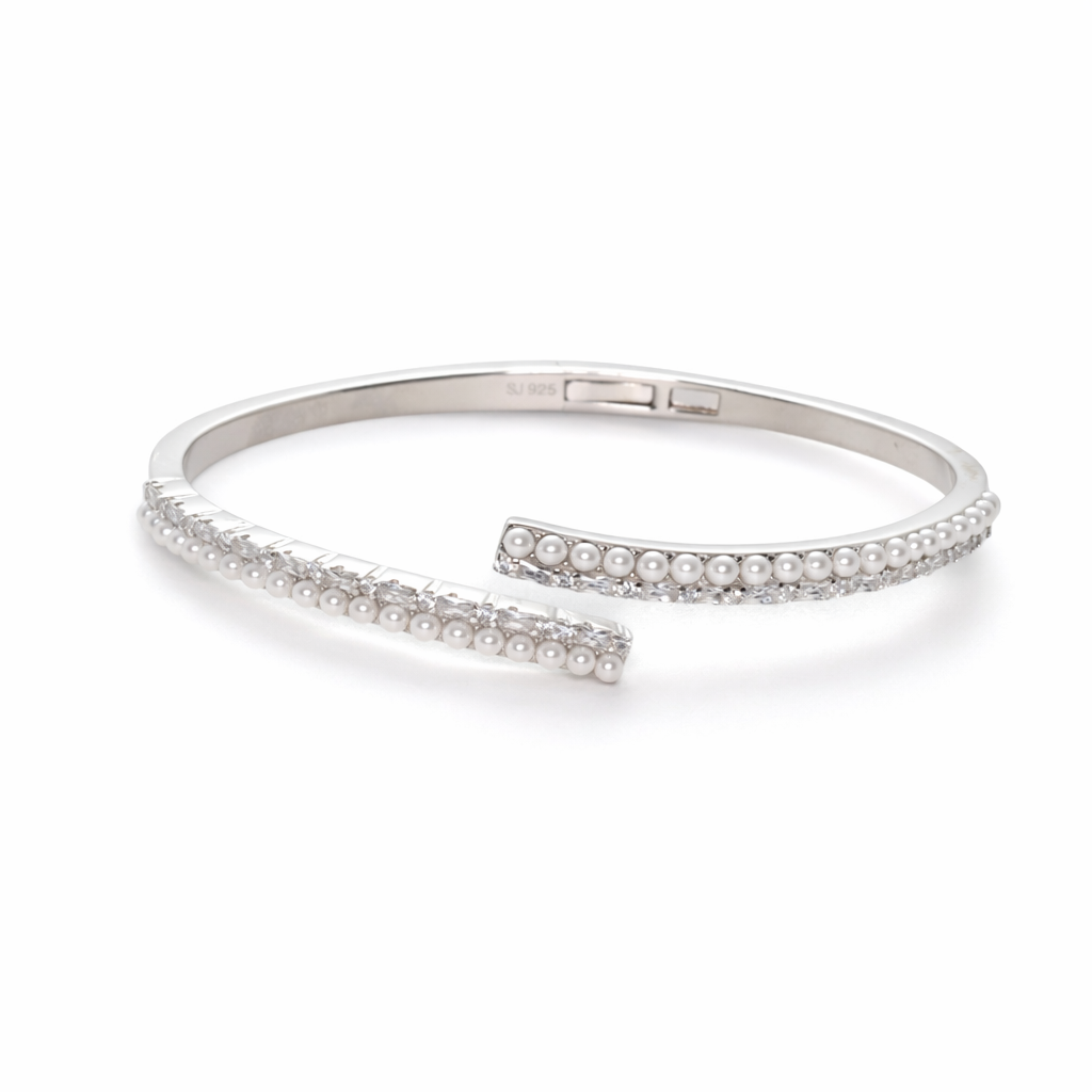 Modern Pearl Line Openable Silver Kada