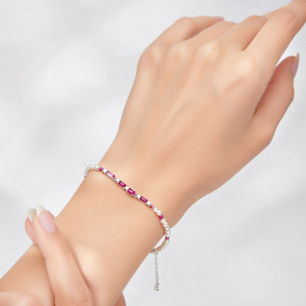 Elegant Pink & White Diamond Pearl Line Bracelet