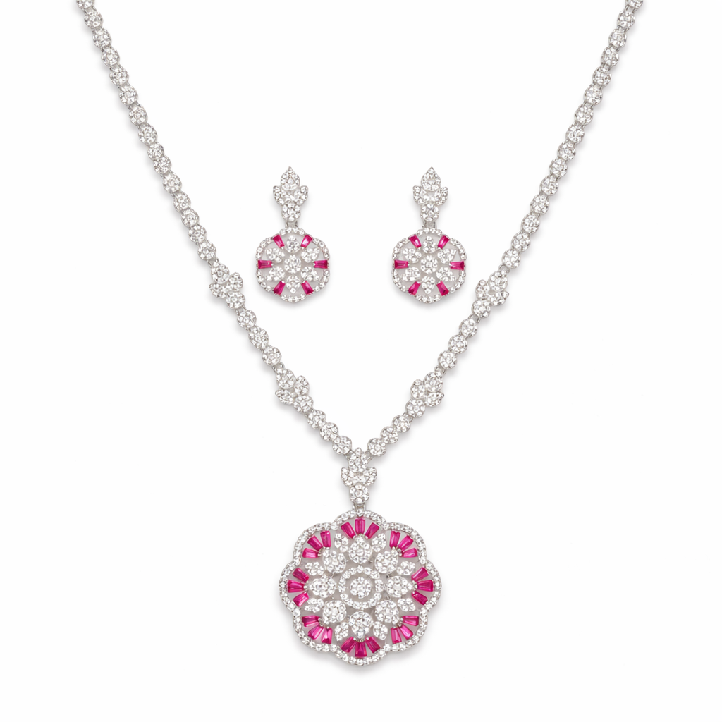 Royal Shine Pink Stone Silver Set