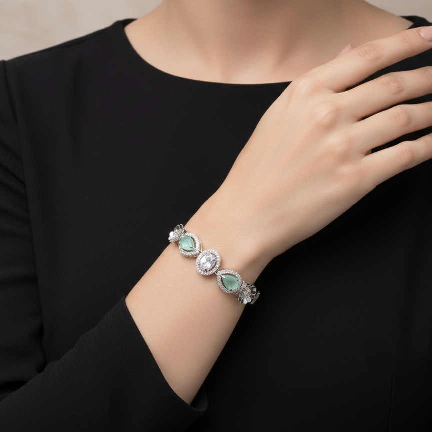 Classic Light Green Accent Silver Kada