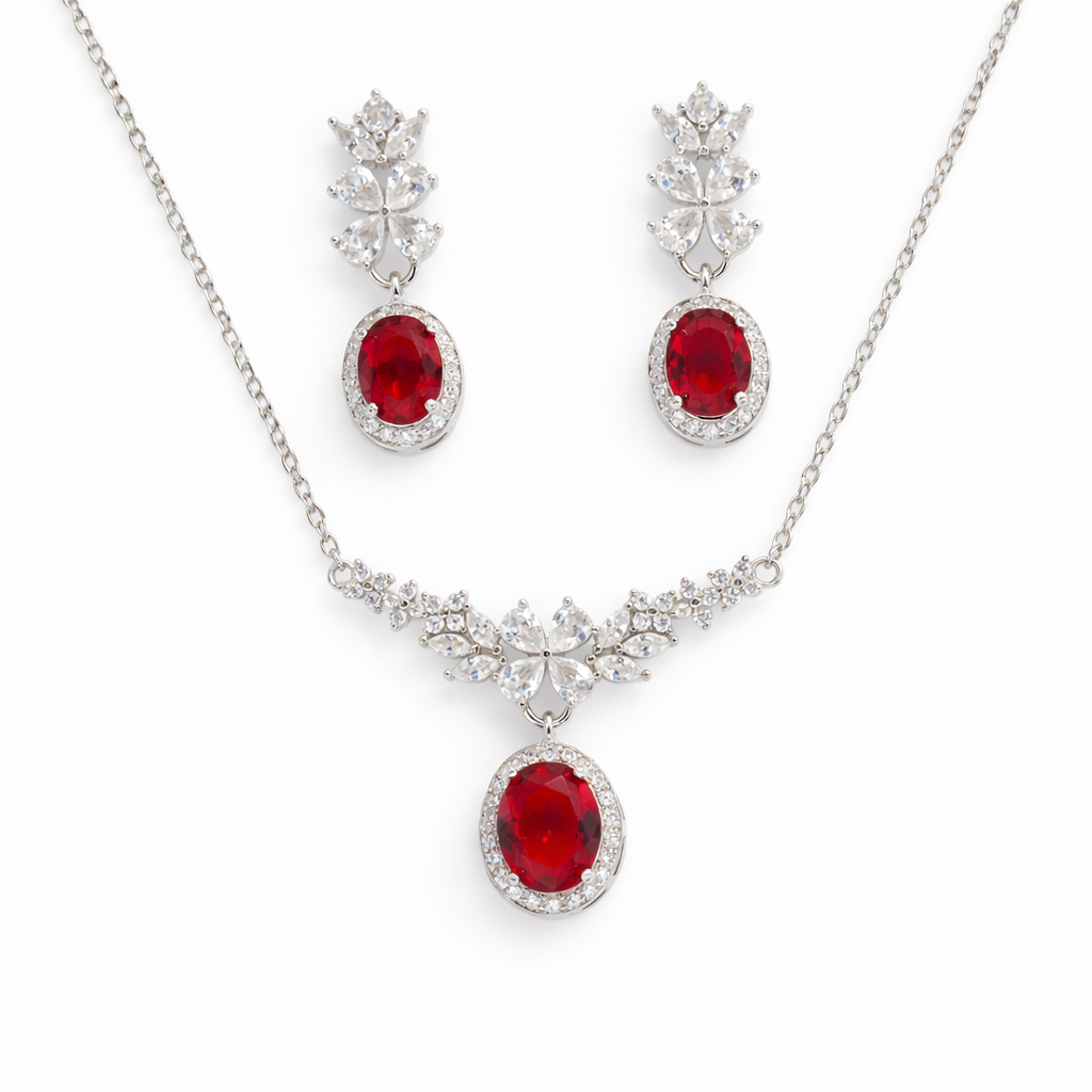 Elegant Red Stone 925 Silver Chain Pendant Set for Women