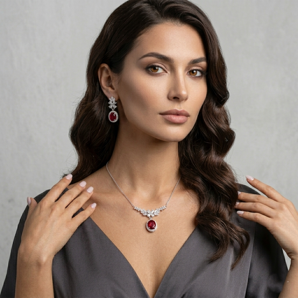 Elegant Red Stone 925 Silver Chain Pendant Set for Women