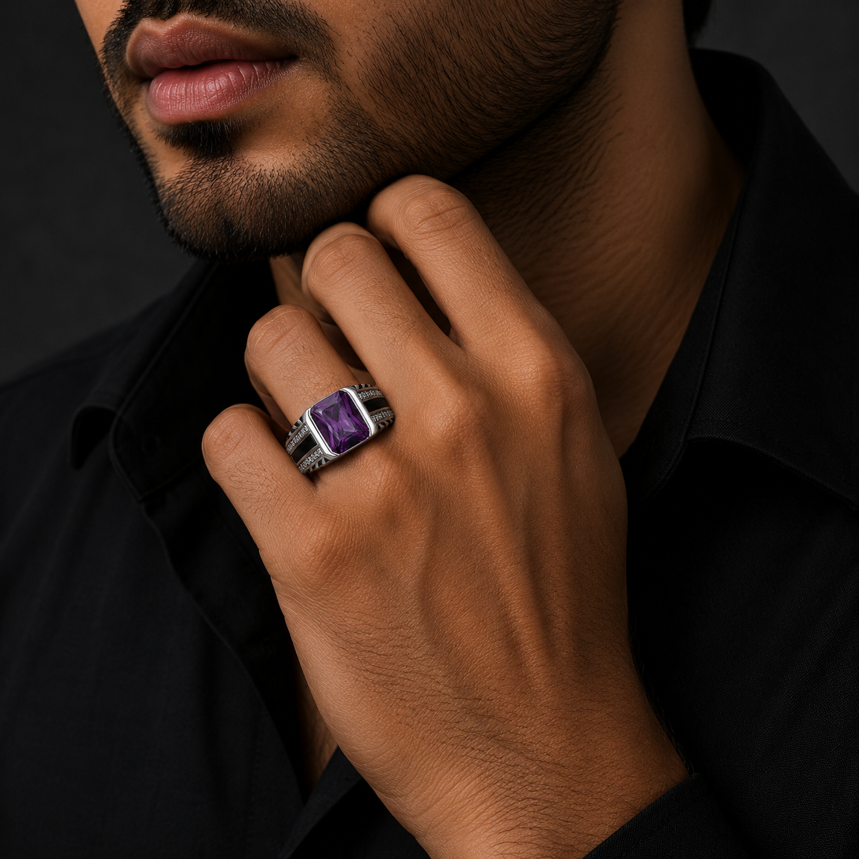 925 Silver Signature Purple Stone Ring for Men