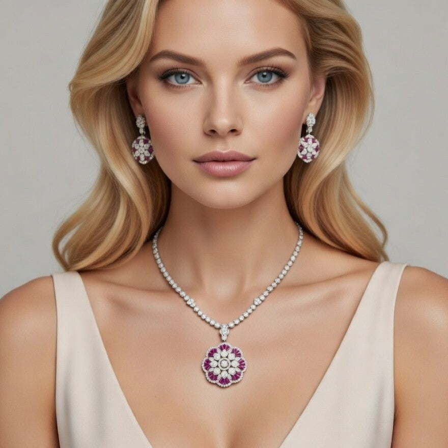 Royal Shine Pink Stone Silver Set